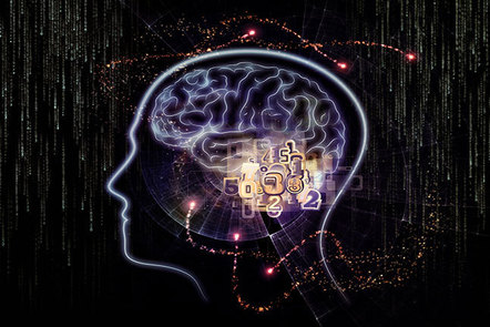Digital artwork of a brain inside the outline of a head, with numbers made of light floating around inside.