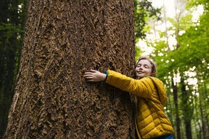 A young child wearing a bright yellow coat hugs a large tree. 