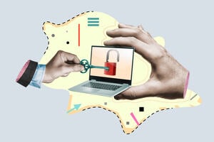 Image of a small laptop with an image padlock on the screen. The laptop is being held using a pinching motion with the hand on the right. The hand on the left is opening the lock on the screen with a key. Background is a light yellow abstract shape. 