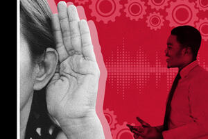 Left side of the screen has a close up of a hand cupped to an ear, with a second person speaking  from the right side of the screen. The active listener on the left is in black and white, and the right side of the screen is red