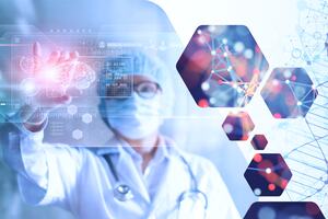 Medical researcher with futuristic display