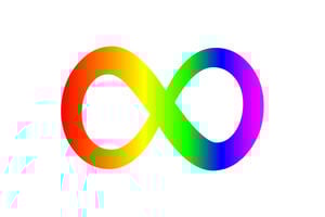 A rainbow coloured infinity symbol which represents neurodiversity and autism acceptance.